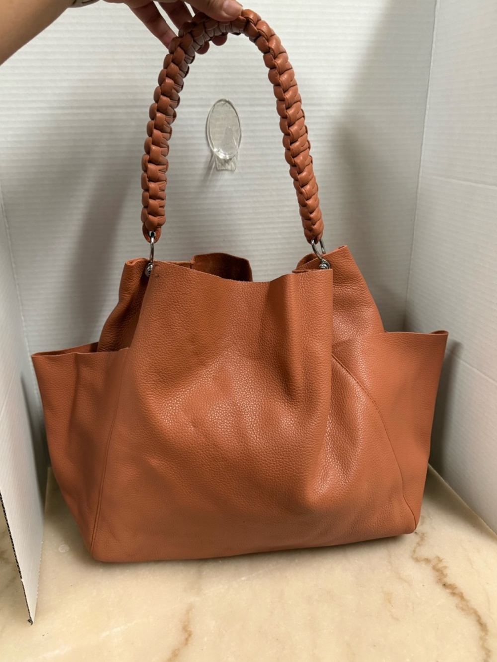 Braided-Handle Tote Bag in Terracotta Brown - Picture 2 of 8